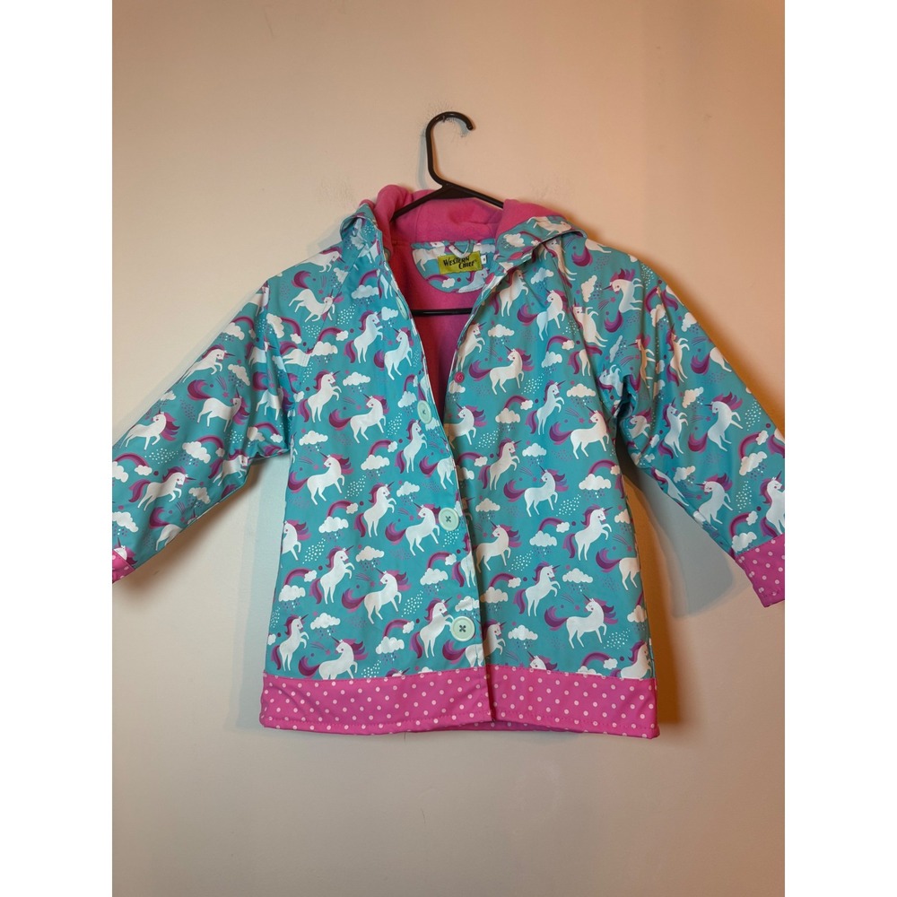 Western Chief Rain Jacket Kids Size 6 Unicorn Rainbow Turquoise Pink Hooded Coat